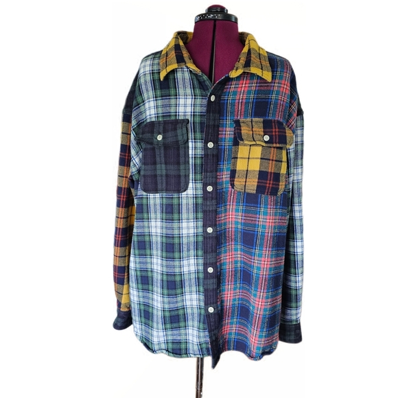 American Eagle Outfitters Men's Collared Plaid Shirt - Red, Green, Yellow, Blue - Picture 2 of 14